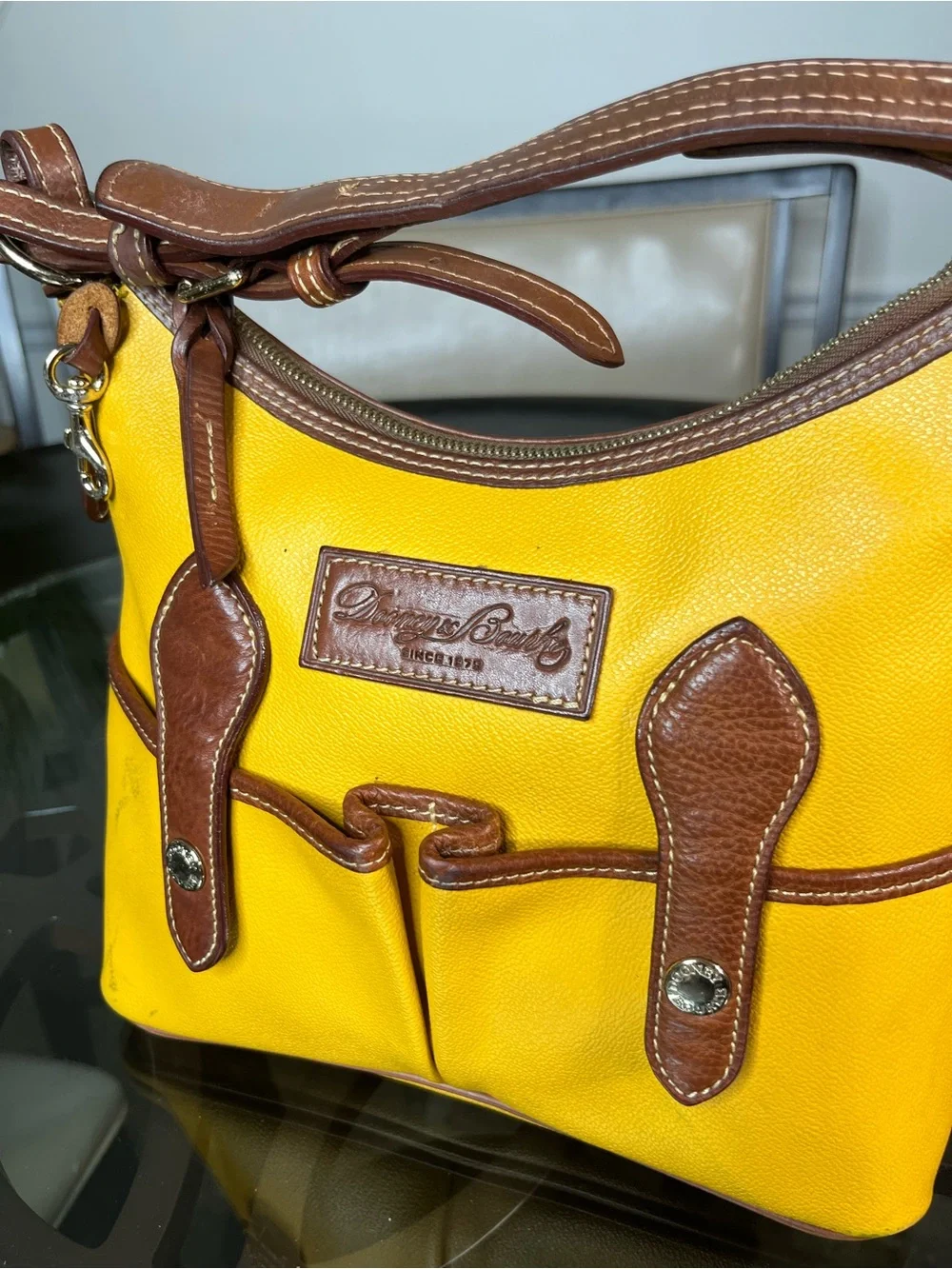 Y2K Dooney & Bourke Hobo Bag Pebble Grain Lucy Mustard Leather Brown Yellow